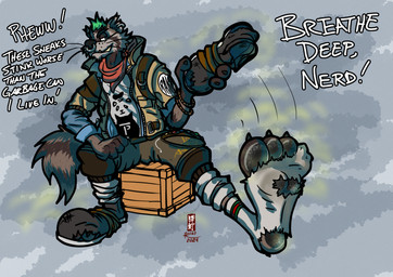 anthro ascot bracelet claws clothing dialogue dirty dirty_clothing dirty_shoes dirty_socks facial_piercing feet footwear green_hair hair jacket jewelry male musk nose_piercing nose_ring piercing ring_piercing shoes_removed sitting smelly smelly_feet socks solo text toe_claws topwear torn_clothing torn_footwear torn_socks rocko_(artist) epic_games fortnite rufus_(fortnite) mammal procyonid raccoon english_text hi_res