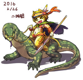 accessory ambiguous_gender anthro bridle cape clothed clothing duo feral fur headband lancer looking_at_viewer melee_weapon mount polearm reins rider riding saddle simple_background spear straddling text weapon white_background young ni_jikan felid leopard lizard mammal pantherine reptile scalie japanese_text signature
