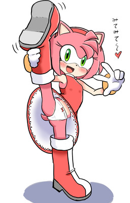 accessory anthro blush boots bracelet clothing dress female flexible footwear gloves green_eyes hair_accessory hairband handwear heart_symbol jewelry one_leg_up panties pink_body raised_leg shoes smile solo splits spread_legs spreading standing tail text underwear vertical_splits p_(artist) sega sonic_the_hedgehog_(series) amy_rose eulipotyphlan hedgehog mammal hi_res japanese_text