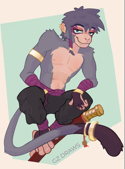 abs accessory anthro asian_clothing athletic athletic_anthro athletic_male chinese_clothing clothed clothing ear_piercing east_asian_clothing furgonomics green_eyes looking_at_viewer male nipples pecs piercing skinny smile smiling_at_viewer smirk smirking_at_viewer solo tail tail_accessory topless topless_anthro topless_male weapon jayzac jason_(gzdraws) wukong haplorhine mammal monkey primate hi_res