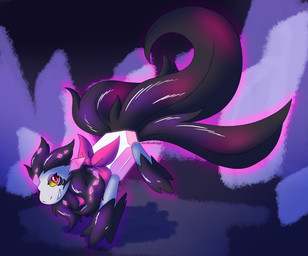3_tails big_tail black_body black_fur black_hair black_tail clothing eyelashes feral fur fur_markings fusion glowing glowing_body grey_body grey_fur hair markings multi_tail pink_body pink_clothing pink_eyes pokemon_fusion quadruped solo tail yellow_sclera motherlatias artfight2025 nintendo pokemon quote_(nulloffset) generation_3_pokemon generation_9_pokemon legendary_pokemon mightyena pokemon_(species) terapagos terapagos_(normal_form) 2025 hi_res watermark