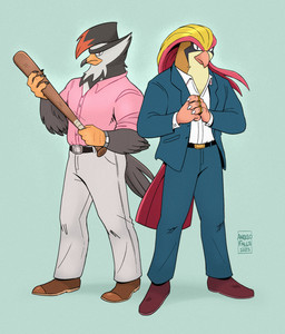 anthro arm_feathers back_to_back baseball_bat bat_(object) blue_clothing blue_suit brass_knuckles claws clock clothed clothing cracking_knuckles duo feathers footwear gangster intimidation looking_at_viewer male melee_weapon open_clothing open_topwear pink_clothing pink_shirt pink_topwear pose rolled_up_sleeves shirt shoes standing suit tail tail_feathers talon_hands thug topwear watch weapon wristwatch angelofalls conditional_dnp nintendo pokemon avian generation_1_pokemon generation_4_pokemon pidgeot pokemon_(species) staraptor 2025 colored digital_drawing_(artwork) digital_media_(artwork) hi_res shaded simple_shading