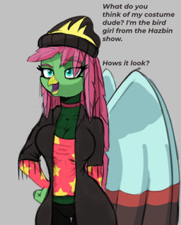 anthro beak big_breasts black_clothing black_coat black_topwear blue_eyes breasts clothed clothing coat collar cosplay feathers female green_body green_feathers hair hat headgear headwear long_hair non-mammal_breasts pink_hair pokemorph solo talking_to_viewer topwear wide_hips wings cosmonaut hellaverse helluva_boss nintendo pokemon zemmy_(cosmonaut) avian generation_2_pokemon pokemon_(species) xatu