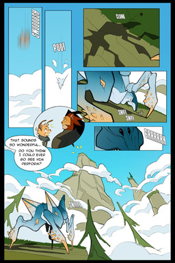 anthro black_border border cliff coulds dialogue duo feral landscape_background looking_at_another low-angle_view male rear_view shadow_silhouette side_view solo speech_bubble text worm's-eye_view ksejl mello_(ksejl) rey_(ksejl) canid canine canis domestic_dog felid lion mammal monster pantherine 2:3 comic english_text full-length_portrait hi_res portrait