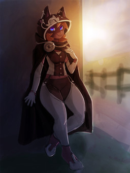 against_surface against_wall anthro breasts cape clothing female hair looking_at_viewer midriff navel on_one_leg outside smile solo standing sun general-irrelevant random_cloak_(girlsay) equid mammal 3:4 hi_res