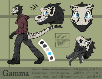 anthro black_tongue blue_eyes male monochrome_body mottled mottled_body open_mouth palette sharp_teeth solo split_jaw tail tail_spines teeth text throat tongue tongue_out uvula vitaliachiever gamma_(vitaliachiever) dinosaur prehistoric_species reptile scalie english_text hi_res model_sheet signature unavailable_at_source