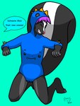 ambiguous_gender anthro clothed clothing excited eyes_closed kneeling onesie smile tail teeth text dabblefox mammal mephitid skunk digital_media_(artwork) english_text hi_res