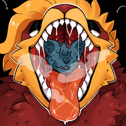ambiguous_anthro ambiguous_gender ambiguous_pred ambiguous_prey anthro blue_body blue_fur bodily_fluids cheek_tuft duo facial_tuft front_view fur looking_at_viewer mouth_shot narrowed_eyes open_mouth oral_vore orange_body orange_fur orange_tongue red_body red_fur red_nose saliva saliva_on_tongue saliva_string sharp_teeth teeth tongue tongue_out tuft vore swampjaws ych_(character) canid canine mammal species_request 1:1 bust_portrait portrait