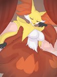 anthro breasts featureless_breasts female fur inner_ear_fluff looking_at_viewer nude red_body solo tuft yellow_body yellow_fur coel_(artist) nintendo pokemon canid canine delphox generation_6_pokemon mammal pokemon_(species) hi_res