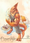 anthro barefoot biceps big_muscles biped brown_body brown_skin claws clothing feet gloves handwear male muscular muscular_anthro muscular_male overalls pecs scar smile solo standing teeth text toe_claws soddy fish mammal marine shark