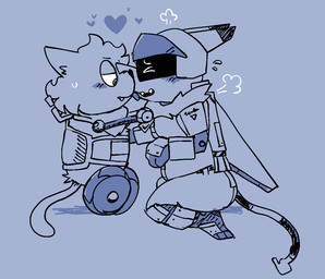 aircraft airplane alternate_species ambiguous_gender anthro armor blush canon_x_oc duo french_kissing fur_trim_(clothing) headgear heart_symbol hearts_around_head helmet jet_pack kissing larger_male licking licking_lips machine male male/ambiguous open_mouth simple_background size_difference tail teeth tongue tongue_out vehicle visor_helmet wagon wheel wings pawplants aeromachina bogey_(aeromachina) m4dd madd_(pawplants) aeromorph android felid feline humanoid living_aircraft living_machine living_vehicle mammal robot 2025 digital_media_(artwork) nonbinary_(lore)