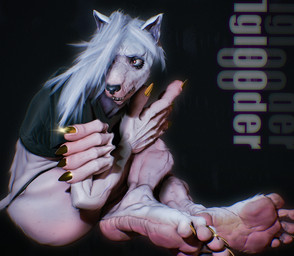 5_fingers 5_toes anthro barefoot clothing feet female fingers gold_nails hair panties simple_background sitting soles solo toes underwear vein white_hair iglooder juzy_(brothersmiler) canid mammal 3d_(artwork) absurd_res digital_media_(artwork) hi_res