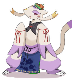 ambiguous_gender anthro blush blush_lines claws clothing dipstick_tail fur hat headgear headwear markings purple_body purple_fur purple_tail_tip red_eyes red_nose solo tail tail_markings toe_claws whiskers white_body white_ears white_fur white_tail yellow_body yellow_fur boyafu nintendo pokemon pokemon_cafe_remix generation_5_pokemon mienshao pokemon_(species) 2026 hi_res