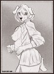 anthro body_hair breasts chest_hair clothing dessert doughnut female fluffy food pastry shirt short_tail solo tail topwear alex-dep-998 square_enix canid canine mammal 2023 artist_name greyscale half-length_portrait hi_res monochrome portrait