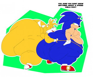 2_tails anthro belly big_belly big_butt black_nose blue_body blue_ears blue_eyes blue_hair butt clothing dialogue dipstick_tail duo footwear gloves green_background green_eyes hair hand_on_hip hand_on_own_hip handwear heart_symbol huge_butt huge_thighs hyper hyper_butt hyper_thighs male male/male markings moobs multi_tail multicolored_body obese obese_anthro obese_male open_mouth open_smile orange_body orange_ears orange_hair orange_tail overweight overweight_anthro overweight_male pink_mouth red_clothing red_footwear red_shoes red_tongue shoes side_view simple_background smile tail tail_markings tan_body tan_inner_ear tape_measure text thick_thighs tongue two_tone_body white_background white_clothing white_gloves white_handwear white_inner_ear white_tail_tip paceplusle sega sonic_the_hedgehog_(series) miles_prower sonic_the_hedgehog canid canine eulipotyphlan fox hedgehog mammal 2024 colored digital_media_(artwork) english_text flat_colors hi_res