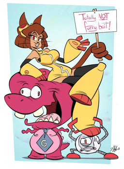 accessory anthro brown_hair clothing female group hair machine male necktie sign trio yellow_clothing themrock gameoverse glitch_productions gobbles_(gameoverse) kaboodle_(gameoverse) kit_bodega dinosaur domestic_cat felid feline felis mammal prehistoric_species reptile robot scalie