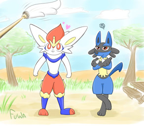 ambiguous_gender anthro camp duo fur grass grey_body grey_fur grumpy happy heart_symbol landscape plant red_body red_eyes red_fur spikes white_body white_fur yellow_body yellow_fur mr_fuwa nintendo pokemon cinderace generation_4_pokemon generation_8_pokemon lagomorph lucario mammal pokemon_(species) absurd_res digital_media_(artwork) hi_res