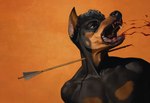 anthro arrows blood bodily_fluids coughing_blood dying dying_eyes fangs gore male nude piercing screaming sharp_teeth solo teeth tongue bra1neater dominic_(dim333) canid canine canis dobermann domestic_dog mammal pinscher 2023 digital_media_(artwork) hi_res portrait