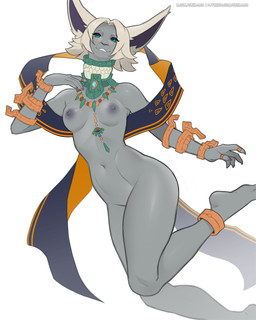 anthro areola blush breasts digit_ring feet female finger_ring fur grey_body grey_fur hair jewelry navel necklace nipples nude simple_background smile solo teeth white_hair skiba613 nintendo tears_of_the_kingdom the_legend_of_zelda mineru mammal zonai 4:5 digital_media_(artwork) hi_res