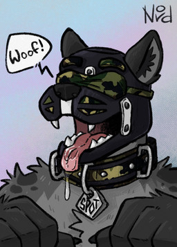 animal_mask anthro black_body black_fur black_inner_ear_fluff blindfold camo camo_print collar_tag fur grey_body grey_fur grey_inner_ear inner_ear_fluff male mask onomatopoeia open_mouth pink_tongue pup_mask sharp_teeth solo sound_effects speech_bubble teeth text text_on_collar_tag tongue tongue_out tuft wearing_collar woof_(sound_effect) nordicecream spot_(sp0t) canid canine mammal 2026 english_description english_text hi_res