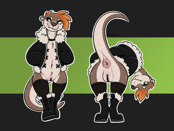 6_nipples anthro anus bent_over biped black_clothing black_jacket black_topwear boots brown_body brown_fur butt choker clothed clothing cute_fangs ear_piercing fangs female female_anthro fishnet_stockings flat_chested footwear fur fur_trim_(clothing) genitals green_eyes hair industrial_piercing jacket jewelry multi_nipple necklace nipple_tape nipples open_clothing open_jacket open_topwear orange_hair pasties piercing presenting presenting_hindquarters puffy_anus pussy_tape shoes smile smiling_at_viewer solo tape teeth topwear vulva white_body white_fur halbean aubrey_(halbean) mammal mustelid otter 2026 4:3 digital_media_(artwork)