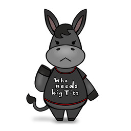 anthro beady_eyes black_clothing black_hair black_hooves black_shirt black_topwear chibi clothing female fur grey_body grey_fur hair hooves inquisitive long_ears looking_at_viewer raised_arm shirt short_hair simple_background solo standing suggestive_clothing t-shirt text text_on_clothing text_on_shirt text_on_topwear tomboy topwear white_background simski asinus donkey equid equine mammal 1:1