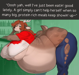 anthro belly big_belly big_breasts breasts clothing female huge_belly huge_breasts obese obese_anthro obese_female overweight overweight_anthro overweight_female solo text torn_clothing vore_implied wetsealky deer mammal new_world_deer reindeer english_text hi_res