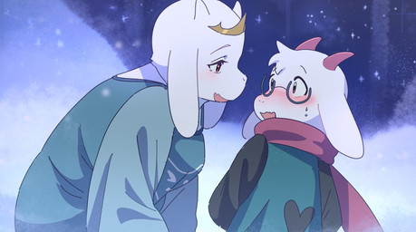 2_horns age_difference anthro biped bodily_fluids clothed clothing crown cute_fangs detailed_background duo eye_contact eyewear fangs female female_anthro floppy_ears fluffy fur glasses head_tuft headgear heart_symbol horn looking_at_another male male_anthro nervous nervous_smile nervous_sweat outside pink_eyes pink_horn scarf size_difference snout snow snowing sweat teeth tuft wearing_glasses white_body white_fur white_horn mengmang777 deltarune undertale_(series) ralsei toriel boss_monster_(undertale) bovid caprine darkner goat mammal 2026 digital_drawing_(artwork) digital_media_(artwork) hi_res