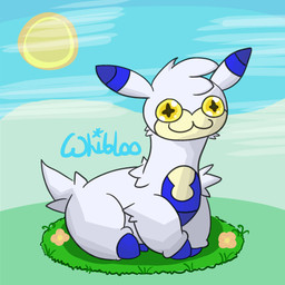 :3 ambiguous_gender blue_body blue_fur blue_sky cloud cross_pupils dipstick_ears ear_markings feral flower fluffy fluffy_hair fluffy_tail fur grass hair looking_at_viewer multicolored_ears neck_tuft orange_flower plant pupils sitting sitting_on_grass sitting_on_ground sky smile smiling_at_viewer solo sun symbol-shaped_pupils tail tan_body tan_fur tuft unusual_pupils white_body white_fur yellow_eyes yellow_sclera whibloo_(artist) nexomon camelid llama mammal nexomon_(species) woozy_(nexomon) 1:1 hi_res signature
