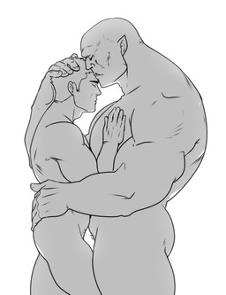 abs back_muscles bald big_muscles big_pecs butt duo hair holding_partner hug human_on_humanoid humanoid_pointy_ears interspecies intimate larger_humanoid larger_male male male/male muscular muscular_humanoid muscular_male nude pecs pointy_ears romantic romantic_couple size_difference smaller_human smaller_male tusks guppo human humanoid mammal orc absurd_res hi_res monochrome