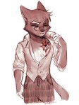 4_fingers anthro blood blood_on_chest bodily_fluids bottomwear chest_wound clothed clothed_anthro clothed_male clothing eyebrows eyewear fingers glasses head_tuft male male_anthro monotone_background narrowed_eyes open_clothing open_shirt open_topwear pants shirt simple_background slit_(wound) solo topwear tuft wearing_glasses white_background white_eyebrows wounded 666calistaxx_(artist) lackadaisy mordecai_heller domestic_cat felid feline felis mammal tuxedo_cat 2023 3:4 digital_drawing_(artwork) digital_media_(artwork) hi_res spot_color