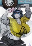 anthro big_breasts breasts cellphone cleavage clothed clothing electronics female fur holding_cellphone holding_object holding_phone huge_breasts lifting_object midriff muscular muscular_female phone selfie shirt solo striped_body striped_fur stripes super_strength superpowers topwear torn_clothing murazaki domestic_cat felid feline felis mammal absurd_res hi_res traditional_media_(artwork)