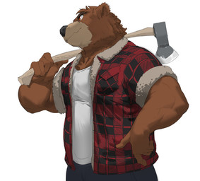 anthro axe barazoku bottomwear brown_body brown_fur clothing fur male melee_weapon pants shirt simple_background solo topwear weapon white_background lemonlunch password_(visual_novel) dean_(password) bear brown_bear mammal ursine 2021