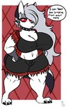 anthro breasts female hair hands_on_hips insult insulting_viewer long_hair red_sclera rude white_eyes wide_hips kingretrokirby helluva_boss mythology loona_(helluva_boss) canid canid_demon canine canis demon domestic_dog hellhound mammal mythological_canine mythological_creature absurd_res hi_res