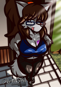 4_toes anthro big_breasts black_bottomwear black_clothing black_jeans black_pants blep blue_clothing blue_eyewear blue_glasses blue_shirt blue_tank_top blue_topwear bottomwear breast_tattoo breasts brown_hair cleavage clothed clothing denim denim_bottomwear denim_clothing eyewear feet female flip_flops fluffy fluffy_tail footwear glasses green_flip_flops hair hair_on_shoulders hands_on_hips huge_breasts humanoid_feet jeans light navel pants park perspective plantigrade ponytail purple_eyes sandals shirt shoes solo sunlight tail tank_top tattoo text toes tongue tongue_out topwear walking cabimangaka chloe_shiwulf canid canine canis mammal wolf absurd_res hi_res shaded signature