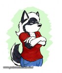 anthro black_body black_fur black_nose breasts clothed clothing crossed_arms female fur hair short_tail solo tail white_hair alan_foreman the_whiteboard mikittok_qimmiq canid canine canis domestic_dog mammal nordic_sled_dog spitz