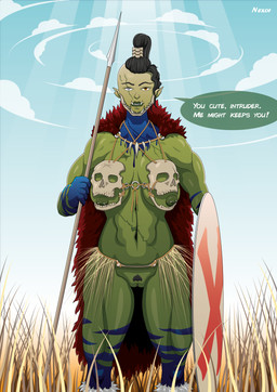 abdominal_scar abs amber_eyes armor athletic biceps big_breasts big_nipples black_hair blind_eye blue_sky body_hair bodypaint bone bone_piercing boots bottomwear bra breasts cloak clothing cloud compliment complimenting_viewer dialogue exposed_breasts exposed_pussy facial_scar fangs female female_focus female_humanoid field field_background first_person_view footwear fur_boots fur_cloak fur_clothing fur_coat genitals grass green_body green_eyes green_nipples green_skin grin grinning_at_viewer hair hairy_vulva holding_melee_weapon holding_object holding_polearm holding_shield holding_spear holding_weapon huge_breasts humanoid_focus impractical_clothing larger_female looking_at_viewer looming looming_over markings melee_weapon missing_ear monster_girl_(genre) muscular muscular_female muscular_thighs nipple_piercing nipple_slip nipple_spikes nipples orange_eyes orc_female piercing plant pointy_ears polearm ponytail pubes red_cloak red_clothing scar scarred_body shield shoes showing_teeth size_difference skirt skull skull_bra skull_crushing_thighs sky smile smiling_at_viewer smirk smirking_at_viewer solo spear speech_bubble striped_markings stripes strong_female suggestive_dialogue talking_to_viewer tall_female teeth text text_box thick_thighs toned_body toned_female tooth_necklace towering tribal tribal_clothing tribal_markings unconvincing_armor underwear vulva warrior weapon white_eyes wielding_weapon yellow_eyes nexor humanoid monster orc absurd_res cel_shading english_text hi_res shaded watermark