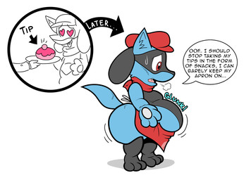 anthro apron black_body black_fur blue_body blue_fur bodily_fluids clothing dialogue eating fur hat headgear headwear heart_eyes heart_symbol male multicolored_body multicolored_fur nonsexualized_young overweight overweight_anthro overweight_male pink_tongue plate red_apron red_cap red_clothing red_hat red_headwear simple_background solo speech_bubble stuffing sweat sweatdrop text tongue waiter weight_gain white_background young young_anthro floofyboyetime nintendo pokemon generation_4_pokemon pokemon_(species) riolu english_text hi_res