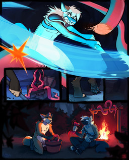anthro armor axe balls battle battle_axe campfire chopping clenched_teeth clothed clothed_male clothing duo eating genitals head_bump male nude_male pauldron pauldron_only penis teeth tentacles gothwolf seru canid canine fox hyena mammal mimic comic hi_res