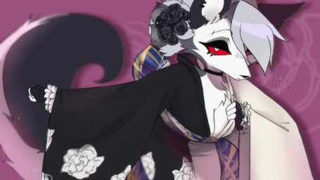 anthro asian_clothing breasts choker clothing east_asian_clothing female flower fluffy fluffy_tail fur grey_body grey_fur japanese_clothing jewelry kimono necklace plant red_eyes ribbons rose_(flower) solo tail white_body waqwaq hellaverse helluva_boss loona_(helluva_boss) canid canine canis mammal wolf hi_res