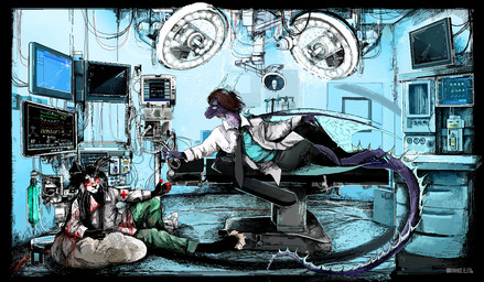 anthro black_body black_border black_fur blood bodily_fluids border clothing detailed_background duo eyewear fur glasses hair horn lying male male/male medical_instrument multicolored_tail nurse_clothing purple_body red_body red_eyes red_fur scientific_instrument screen stethoscope tail white_clothing white_face wings jeffusherb european_mythology mythology pascal_(jeffusherb) dragon mythological_creature mythological_scalie scalie western_dragon 2020 digital_media_(artwork) digital_painting_(artwork) hi_res painting_(artwork)