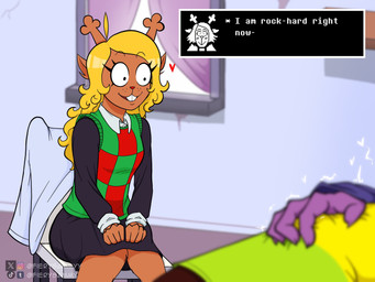 ambiguous/ambiguous ambiguous_gender anthro aroused black_bottomwear black_clothing black_skirt blonde_hair bottomwear clothing cuck_chair cuckquean deer_antlers explicit_text female green_clothing green_topwear green_vest group hair hand_on_another's_back sitting skirt stated_arousal text text_box topwear trio vest voyeur sammyarts deltarune undertale_(series) kris_dreemurr noelle_holiday susie_(deltarune) ambiguous_species deer human mammal 4:3 english_text hi_res female_(lore)