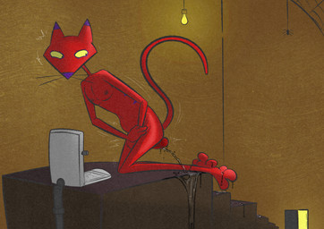 anthro balls bodily_fluids clear_urine crouching foreskin genital_fluids genitals hands_between_legs light_bulb male omorashi peeing peeing_on_ground peeing_on_self penis penis_backwards solo spider_web squat_toilet stairs toilet urine urine_on_ground urine_on_self urine_pool urine_trail wetting illegaleel cartoon_network courage_the_cowardly_dog katz_(courage_the_cowardly_dog) felid mammal hi_res