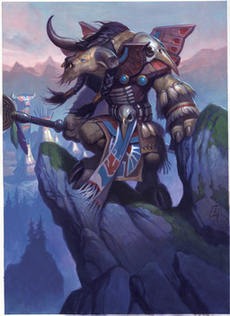 anthro black_hair braided_hair brown_body brown_fur facial_piercing fur hair holding_object holding_staff hooves horn male nose_piercing nose_ring outside piercing plant ring_piercing rock skull_accessory staff standing tree steve_prescott blizzard_entertainment warcraft world_of_warcraft_trading_card_game bovid bovine mammal tauren 2013 official_art