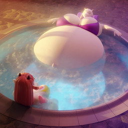 anthro belly big_belly big_breasts bikini breasts clothing duo eyes_closed female fur hair high-angle_view horn hot_tub huge_belly huge_breasts hyper hyper_belly hyper_pregnancy leaning leaning_backward light markings navel outie_navel pink_hair pink_markings pregnant purple_bikini purple_clothing purple_swimwear purple_towel relaxing sunlight swimwear towel two-piece_swimsuit water white_body white_fur yellow_bikini yellow_clothing yellow_swimwear pressurepurse undertale_(series) hannah_(pressurepurse) toriel boss_monster_(undertale) bovid bovine caprine cattle mammal 2022 3d_(artwork) absurd_res digital_media_(artwork) hi_res