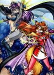 anthro blue_eyes breasts brown_eyes cape cleavage clothed clothing duo ear_piercing female hair magic_user piercing purple_hair red_hair tracy_j._butler ironclaw_(rpg) slayers lina_inverse mavra naga_the_serpent serilda canid canine canis fox mammal wolf 2001 traditional_media_(artwork)