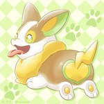 ambiguous_gender brown_body brown_fur butt butt_focus feral fur green_eyes lying on_front pattern_background paws simple_background solo tongue tongue_out white_body white_fur yellow_body yellow_fur aimia492 nintendo pokemon canid canine generation_8_pokemon mammal pokemon_(species) yamper 1:1 low_res