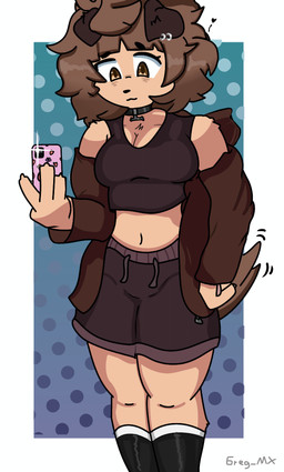 anthro bottomwear casual_clothing cellphone clothed clothing crop_top electronics female jacket midriff navel open_clothing open_jacket open_topwear phone selfie shirt shorts smartphone smile solo topwear gusa typh mimi_(typh) canid canine canis domestic_dog humanoid mammal absurd_res hi_res