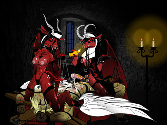 anthro bodily_fluids bound chain chained cock_and_ball_torture cum cumshot dark dominant dominant_female ejaculation facesitting female forced genital_fluids genital_torture group male male/female nipples nun rape sex sitting sitting_on_another slave torture trio whipping setmann123 angel bovid caprine demon equid equine goat horse imp mammal succubus hi_res