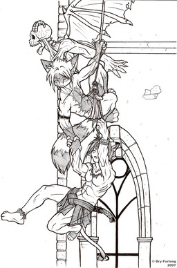 anklet anthro bottomwear bracelet building climbing climbing_wall clothing dagger dangling ear_piercing group horn jewelry loincloth male melee_weapon membrane_(anatomy) membranous_wings muscular necklace piercing rope scar simple_background tail teeth weapon white_background window wings narcoticdream bryan_furlong nytro_(fluff-kevlar) gargoyle black_and_white hi_res monochrome pen_(artwork) traditional_media_(artwork)